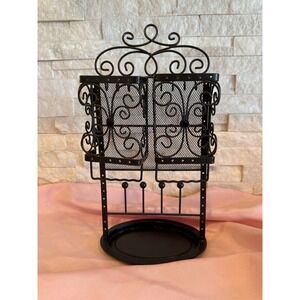 Ornate Blk Metal Jewelry Organizer Stand Folding Scrollwork With Tray